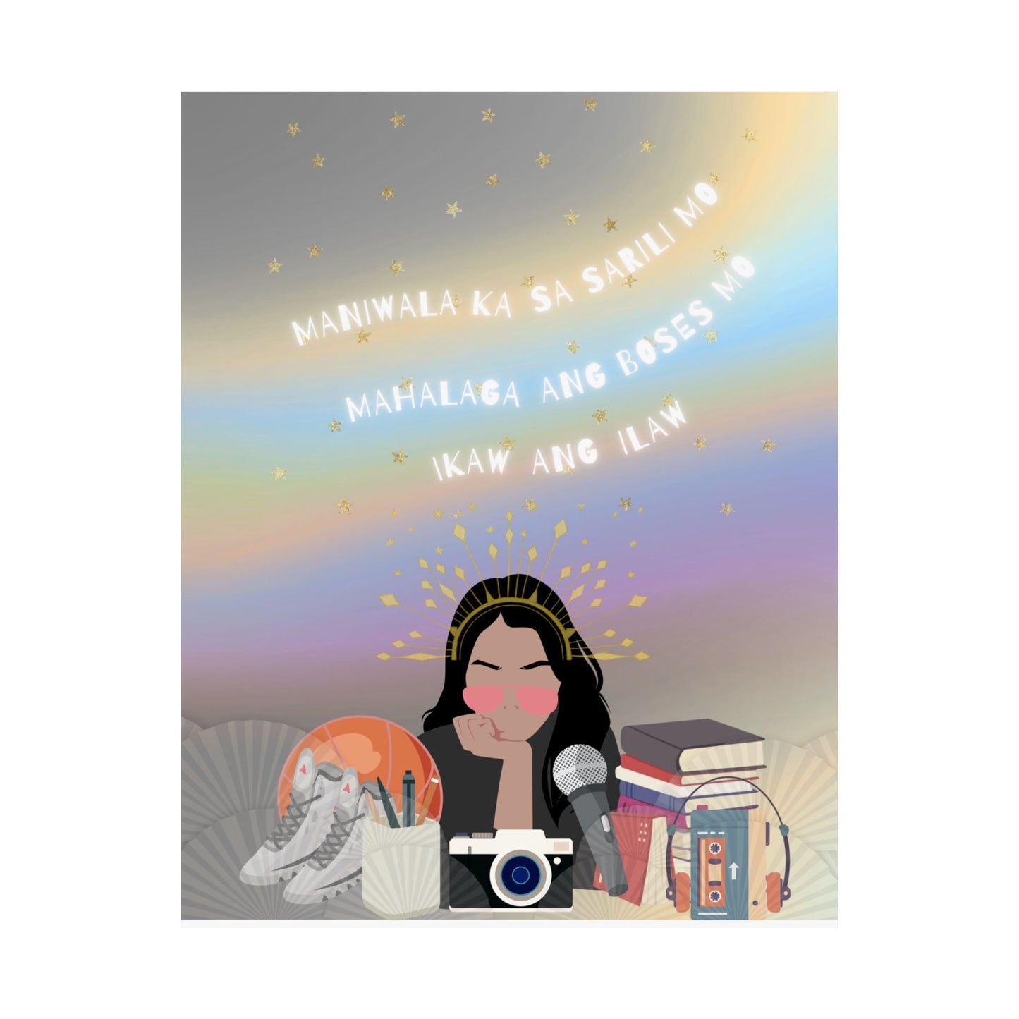 Believe in Yourself — Filipino Inspirational Art Print with Camera, Books & Quote